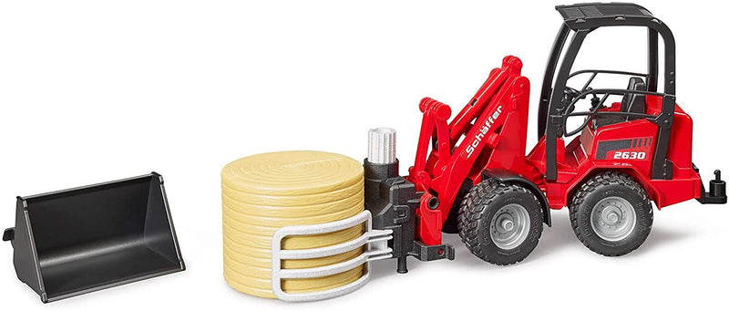 Bruder Schaffer Chargeur compact Tracteur agricole avec pelle, pince à balles et 1 balle de foin ronde