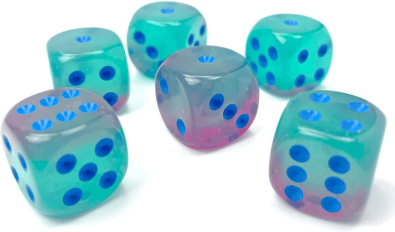 Boite de 12 Dés 6 Faces 16mm Gemini: Gel Green-Pink/Blue Luminary